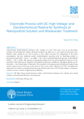 Electrode Process with DC High Voltage and Electrochemical Plasma for Synthesis of Nanoparticle Solution and Wastewater Treatment