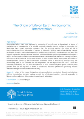 The Origin of Life on Earth: An Economic Interpretation