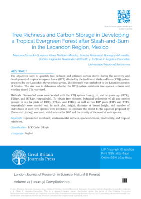 Tree Richness and Carbon Storage in Developing a Tropical Evergreen Forest after Slash-And-Burn in the Lacandon Region