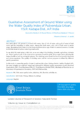 Qualitative Assessment of Ground Water using the Water Quality Index of Pulivendula Urban, Y.S.R. Kadapa Dist., A. P. India