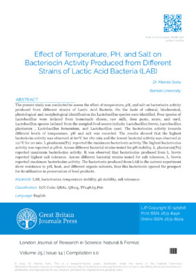 Effect of Temperature, pH, and Salt on Bacteriocin Activity Produced from Different Strains of Lactic Acid Bacteria (LAB)