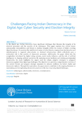 Challenges Facing Indian Democracy in the Digital Age: Cyber Security and Election Integrity