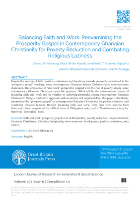 Balancing Faith and Work: Reexamining the Prosperity Gospel in Contemporary Ghanaian Christianity for Poverty Reduction and Combating Religious Laziness