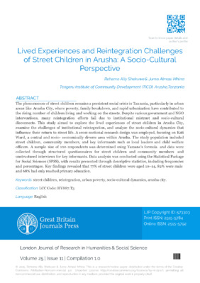 Lived Experiences and Reintegration Challenges of Street Children in Arusha: A Socio-Cultural Perspective