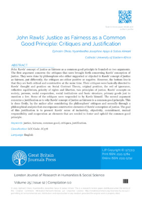 John Rawls’ Justice as Fairness as a Common Good Principle: Critiques and Justification