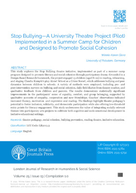 Stop Bullying-A University Theatre Project (Pilot) Implemented in a Summer Camp for Children and Designed to Promote Social Cohesion