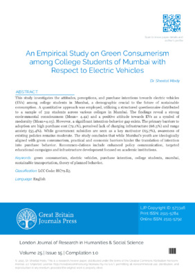 An Empirical Study on Green Consumerism among College Students of Mumbai with Respect to Electric Vehicles